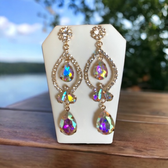 Crystal AB Teardrop Earrings Rhinestone Dangle Earrings Bridal Prom Jewelry - Picture 7 of 10